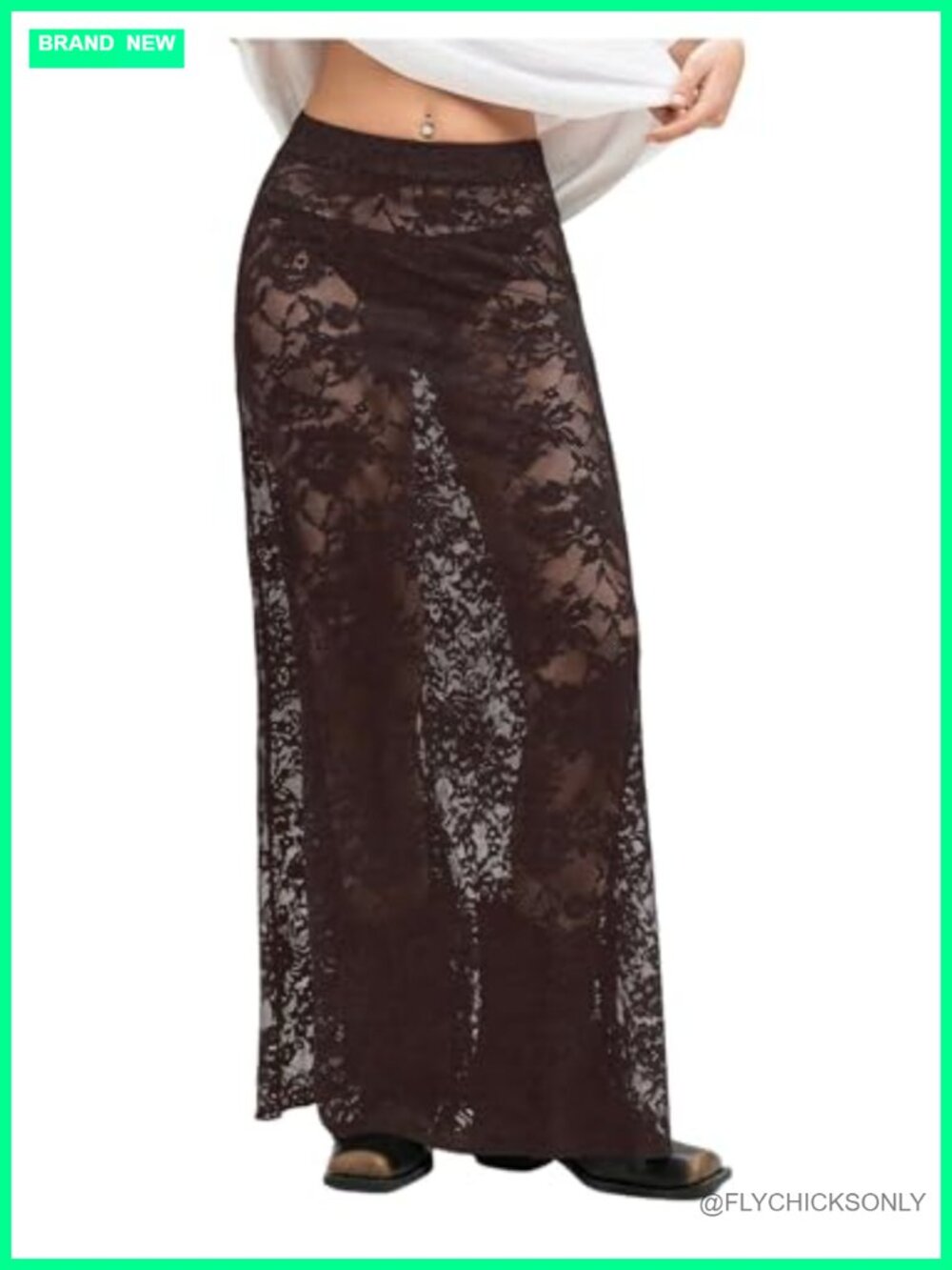 Sheer Mesh Lace A-Line High Waisted Elastic Flowy Long Skirt
